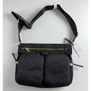 Time and Tru Black Nylon Crossbody Bag with gold hardware, Adjustable Straps.